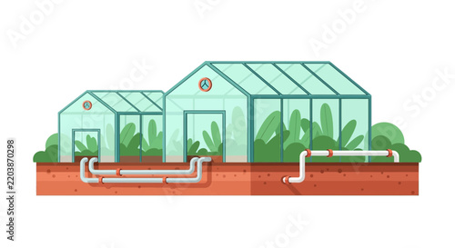 Modern greenhouse vector illustration with indoor plants and underground irrigation piping system for smart farming