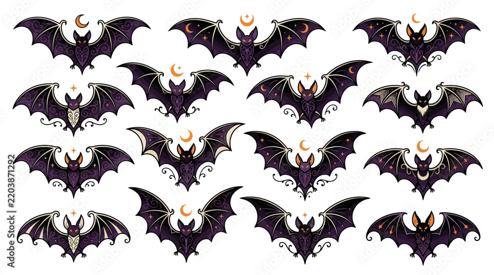 Fototapeta premium Halloween Bat Collection with Cute Flying Black Bat Cartoon Illustrations
