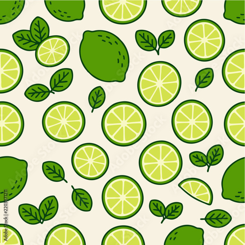 Green Lime and Mint Leaf Pattern with Citrus Slices