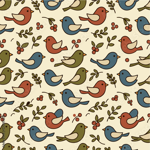 Small Bird Pattern with Leafy Sprigs and Berries in Muted Colors