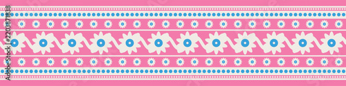Kalamkari Floral Border Pattern with Daisy Flowers in Pink and Blue