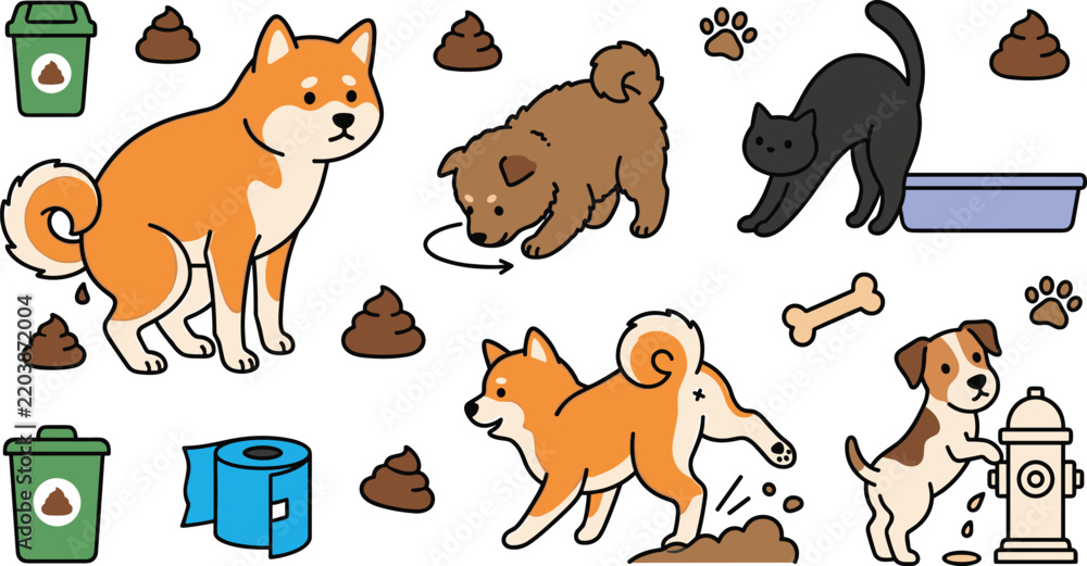 Obraz premium Dog and Cat Pooping and Peeing Behavioral Icon Set with Pet Waste Bags Bin Litter Box and Toilet Paper for Veterinary Care Signs