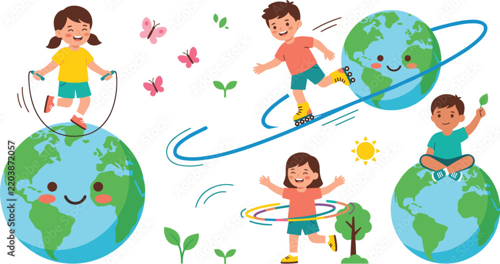 Fototapeta premium Cute Cartoon Kids Active Eco Friendly Lifestyle Vector Set Featuring Skipping Roller Skating and Hula Hooping on Earth Globe Illustrations