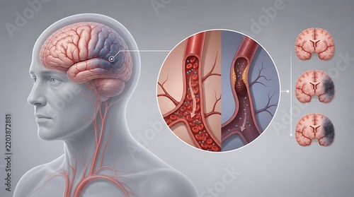 Medical illustration of human brain stroke, cerebral artery blockage and blood clot diagram, anatomical cross section of brain damage and ischemia