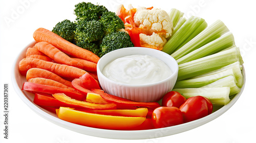 transparent raw vegetable crudites with dip on white background