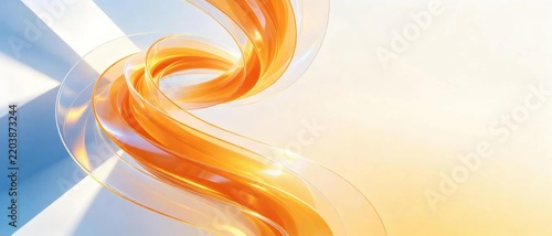 Abstract transparent orange spiral glass curved ribbon on light background shows modern elegant flowing abstract art decoration concept