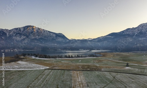 Drone shot, fields with hoarfrost, Lake Kochel with mountains, foothills of the Alps, Alpine foreland, Upper Bavaria, Bavaria, Germany
