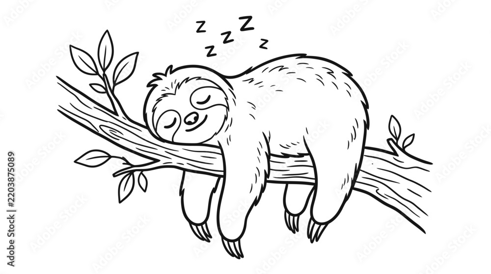 Fototapeta premium Cute cartoon sloth sleeping on a tree branch in a simple black and white line art drawing for kids coloring page