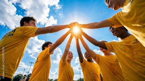 Soccer, team high five and men celebrate winning at sports competition or game with teamwork on field. Football champion group with motivation hands for a goal, performance and fitness achievement