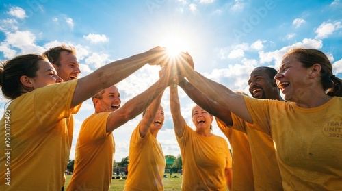 Soccer, team high five and men celebrate winning at sports competition or game with teamwork on field. Football champion group with motivation hands for a goal, performance and fitness achievement