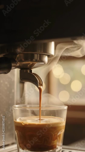 Espresso Pouring from Coffee Machine Portafilter into Glass Cup, Hot Steam and Warm Bokeh Background, Barista Coffee Making Vertical Stock Video, 4K