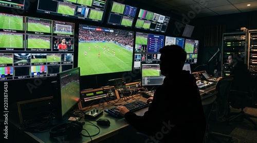 Skilled professionals manage a live football broadcast within a hightech control room. This image captures the intensity of sports media production and digital analytics in realtime. 