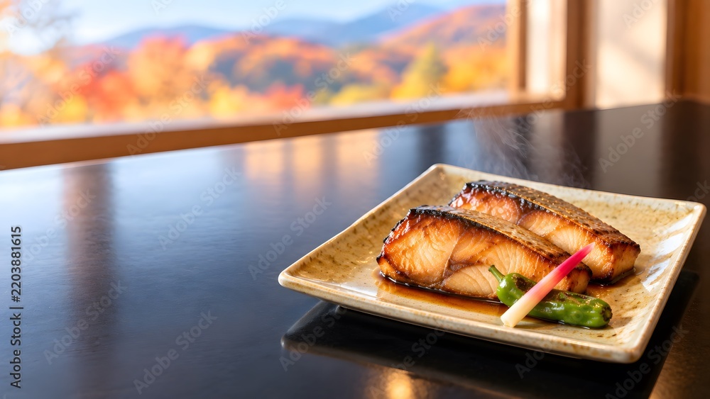 Obraz premium 黄瀬戸の角皿に盛ったぶりの照り焼き 紅葉の窓辺の座卓で味わう秋の和食