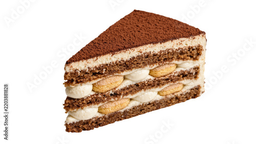 Layered tiramisu cake slice with ladyfingers and cocoa powder, isolated on transparent background