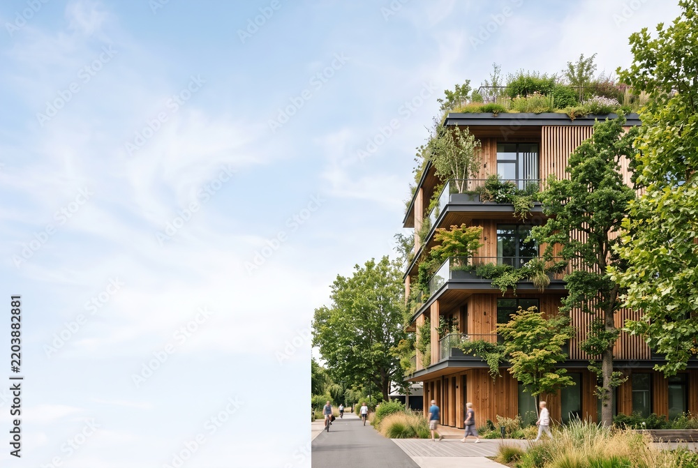 Obraz premium A modern building stands in an urban setting. It features green plants on levels and wooden elements. People walk nearby, enjoying the city