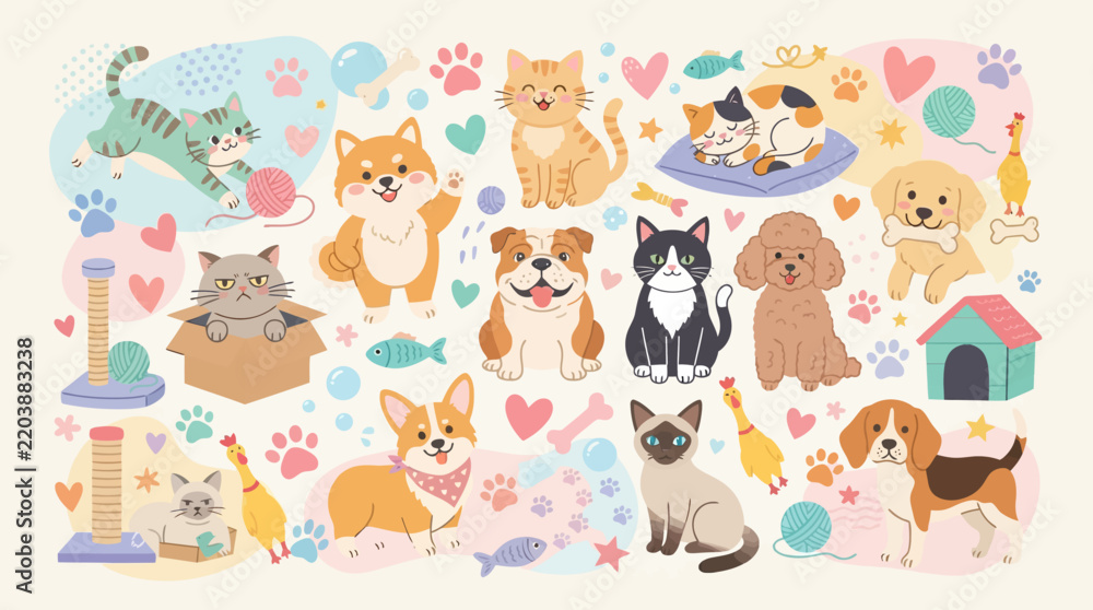 Fototapeta premium Cute Pets Collection: Cats and Dogs, Adorable Animals, Playful Friends, Kawaii Style