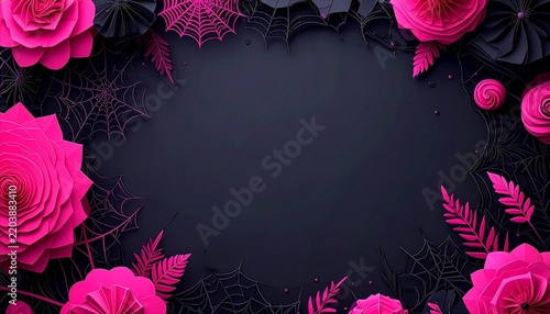 Halloween paper cut floral frame background with pink flowers, spider webs, and copy space