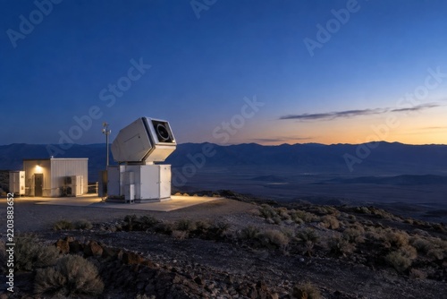 Civilian laser-communications ground terminal with a compact steerable optical telescope enclosure during link readiness in remote high-desert communications site
