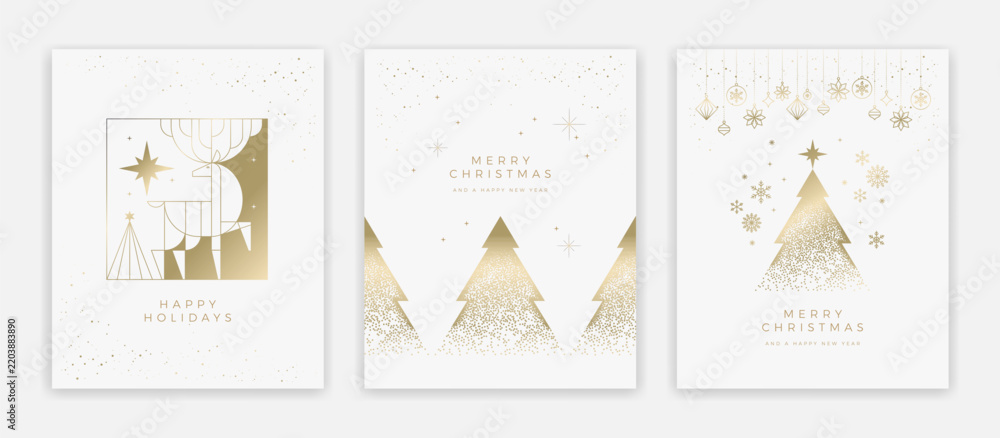 Fototapeta premium Luxury Christmas card template set - gold and white fabulous backgrounds with Christmas tree, reindeer, ornaments, star, winter landscape - vector minimal elegant design for corporate greetings