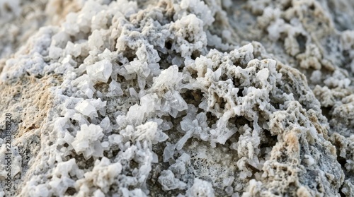 Macro photography of natural salt crystals forming on the rocky surface of the Dead Sea shore in a desert landscape