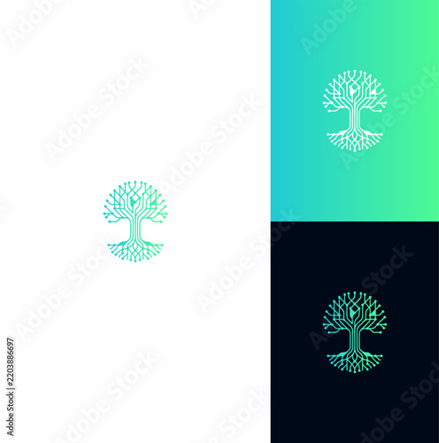Digital Technology Circuitry Tree Icon Design Featuring Abstract Geometric Network Branches in Green Gradient Style