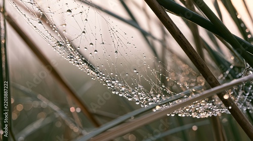 Close-up of dew droplets clinging to a spider's web strung between reed stalks, delicate