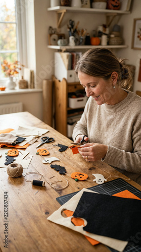 Woman crafting handmade Halloween garland decoration at a table
