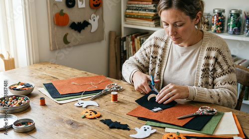 Woman cutting felt details to craft Halloween decor at a table