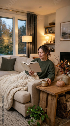 Woman in a dark green sweater reading a book on a couch under a blanket in a cozy living room