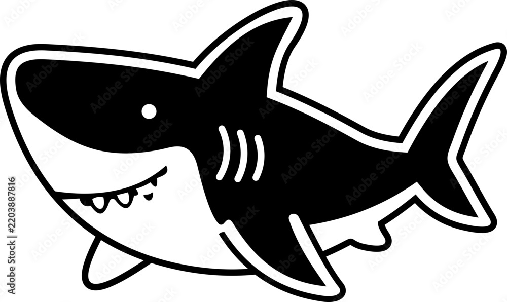 Fototapeta premium Cute Shark Cartoon Illustration, Black and White Ocean Animal Character