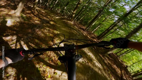 Mountain bike downhill ride on a forest path with scenic autumn nature view