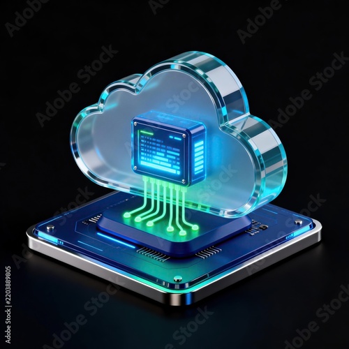 3d rendered glowing blue glass cloud computing icon with microchip on circuit board on dark background technology concept for data storage