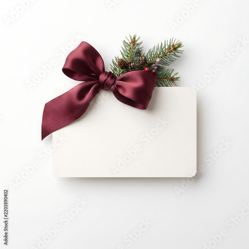 Blank gift card with red bow and evergreen sprig isolated on transparent background