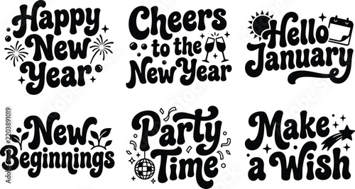 Retro happy new year typography bundle with festive quotes for holiday graphic design projects