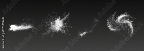 White powder explosion and flour splash collection. Dust burst particles and spray effects isolated. Graphic design PNG overlay
