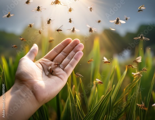 hand releasing beneficial insects for organic pest control