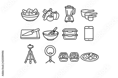 Healthy Meal Prep Icons. Healthy meal prep creator. Line outline icon set of Healthy meal prep creator: salad