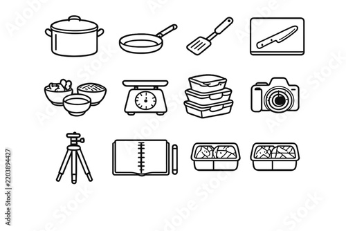 Batch Cooking Icons. Batch cooking content creation. Line outline icon set of Batch cooking content creation:
