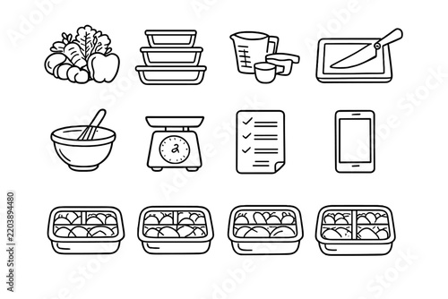 Clean Eating Icons. Clean eating meal prep. Line outline icon set of Clean eating meal prep: fresh produce,