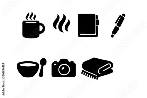 Cozy Food Icons. Cozy food blogging. Filled icon set of Cozy food blogging: mug, steam lines, notebook, pen,