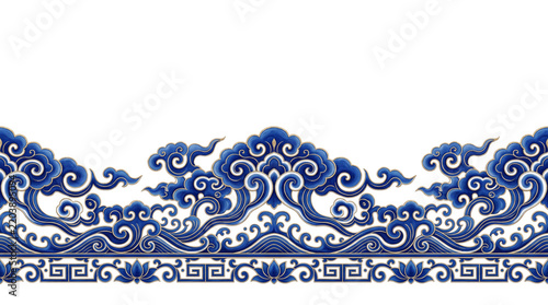 Traditional Chinese Blue and Gold Auspicious Cloud Wave Border with Lotus Ornament and Large Copy Space