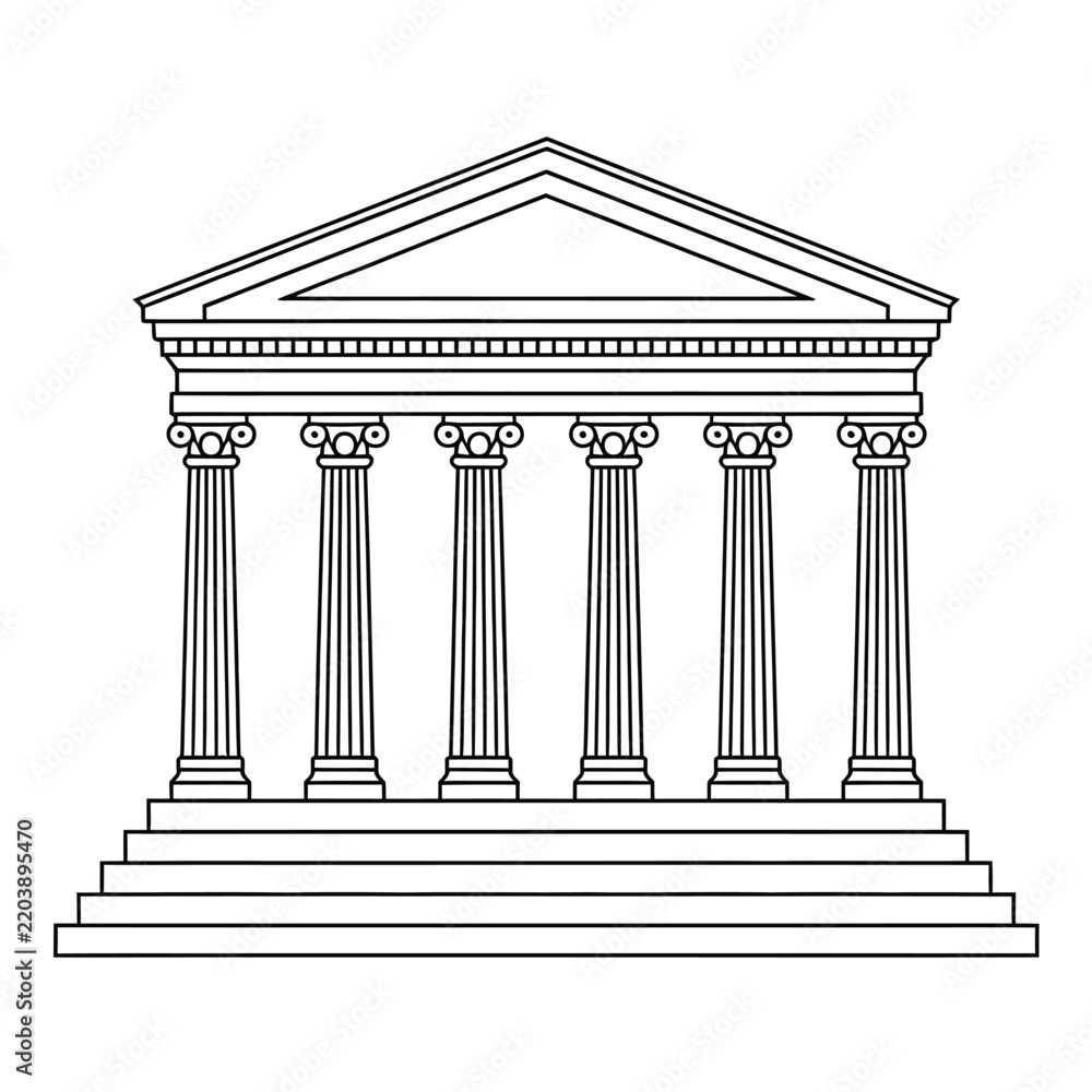 Obraz premium Classical bank and government building icon set, courthouse, finance and legal institution symbols for authority, law and public services vector designs