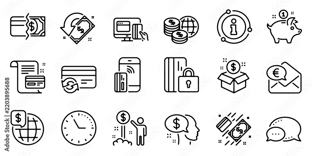 Fototapeta premium Money Payment Line Icons Set. Banking, Credit Card, Cash, Money Transfer and Piggy Bank. Vector Illustration.