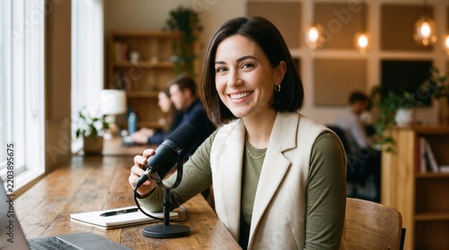 Woman adjusting microphone at table during warm indoor recording session, smiling beside keyboard and audio equipment in modern creative workspace with natural light