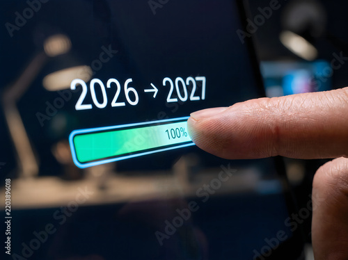 Finger adjusting year change slider from 2026 to 2027 on digital interface