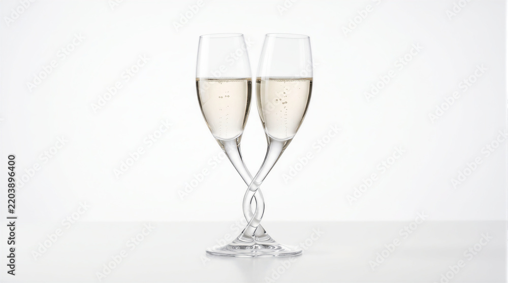 Fototapeta premium 3D illustration of two champagne glasses with twisted stems filled with sparkling wine. Visual metaphor for new year toast, romantic couple unity, wedding celebration, and anniversary.
