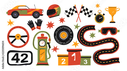 Classic Car Racing Sticker Set. Racing sport elements. Vector concept