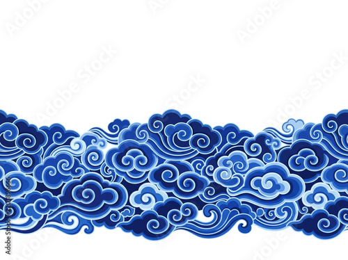 Traditional Chinese Blue Auspicious Cloud Border with Layered Swirls and Large Copy Space