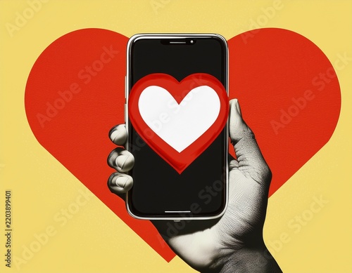 contemporary art collage artwork featuring a hand holding a modern phone heart social media badge