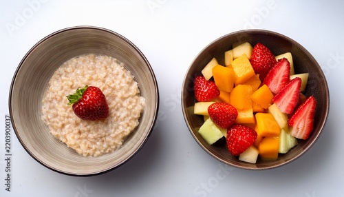 against a white background are two bowls of oatmeal one bowl contains strawberries and melon while the other contains strawberries and pieces of a different kind of melon the photo shows a si